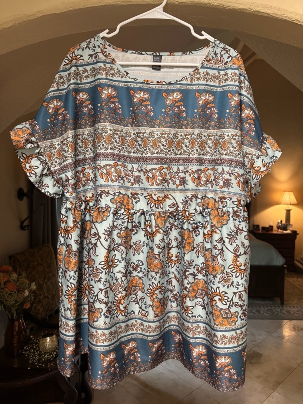 Relaxed Boho Floral Tunic Top - Blue & Orange